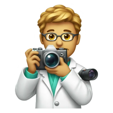 Cat Scientist taking a photo with a big camera while wearing a lab coat (he's shirt is mint color sticker