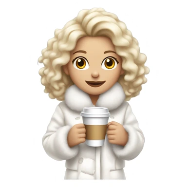 blonde girl wearing white fluffy jacket and a coffee to go in hand all dress white and a white bow on hair sticker