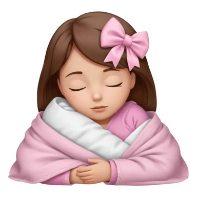 Sleeping child with brown hair wrapped in a light pink blanket with a white bow over the blanket sticker