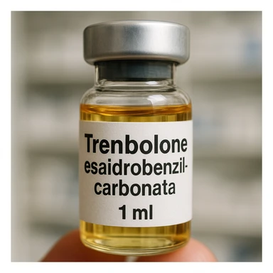 Create a realistic zoomed-in image of a vial labeled 'Trenbolone esaidrobenzilcarbonata'. The label should be clearly readable with the name 'Trenbolone esaidrobenzilcarbonata'. Show detailed features of the vial and the label. The background should be neutral or a blurred pharmacy setting. Maintain the realistic style as in the reference image. sticker