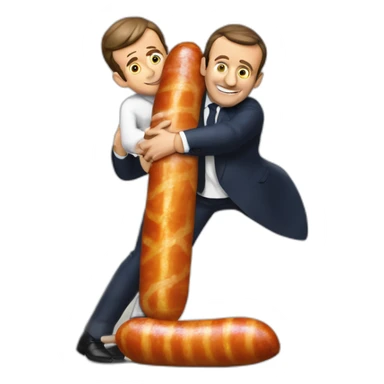 emmmanuel macron hugging a giant saussage sticker