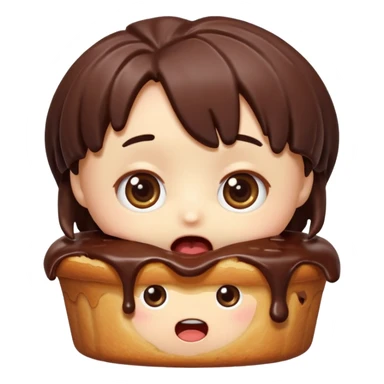 Rectangular chocolate mini pastry, slightly messy and squished, chocolate dripping, big round eyes, wide open mouth, playful surprised expression, text above: "ПАСТИЧКА", chibi style, Twitch emoji style, transparent background, colorful

 sticker