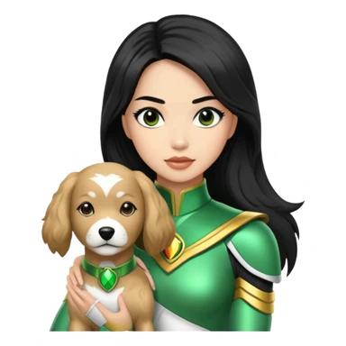 female green power ranger with wasian features, long black hair, and a fully light brown cockapoo dog at her side sticker