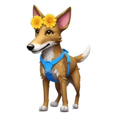  brindle fluffy lurcher fox running blue eyes fluffy ears and holographic harness wearing paper flower crown yellow caution tape neon sign sticker