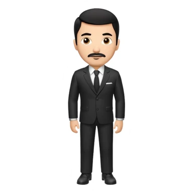 Roupa: terno preto moderno e bem ajustado, com camisa social branca sem gravata (para dar um ar mais contemporâneo), cinto de couro preto e relógio prateado. Tom de pele: médio quente
Cabelos: curtos e bem penteados PRETOS
Rosto: com bigode e cavanhaque leve, expressão firme e confiante. PRETOS sticker