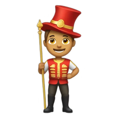 Design a full-body emoji of a strong man with a confident smile, dressed in red and gold, wearing a New Year's hat, and holding a small flag. sticker