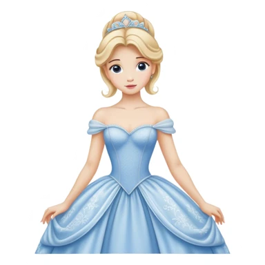 Cinematic Realistic Cinderella Portrait, depicted with lifelike porcelain skin, elegantly styled blonde hair, and a serene, graceful expression. Dressed in her classic ball gown with intricately detailed fabric textures and delicate pastel hues that catch soft, natural lighting, this portrait captures the timeless beauty of a fairy tale princess. sticker