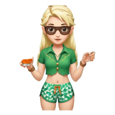 elf female legolas portrait, patterned board shorts (geometric/abstract), unique wooden-framed sunglasses, undercut hairstyle, slight smirk, visible pointy ears, no background, centered emoji, hipster summer vibe coctails  sticker