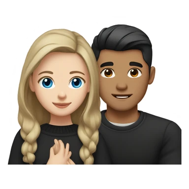 dark Blonde girl with blue eyes in black sweater and an east asian with light skin man with black hair and black eyes hugging sticker