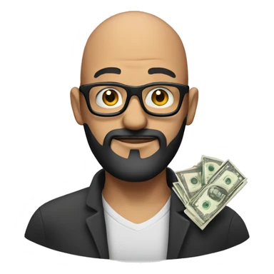 A man, bald, with  black beard, glasses and with money in his hand sticker