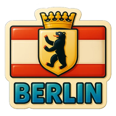 Create an icon for Berlin with a rectangular flag background that is white with red stripes. Center the Berlin coat of arms featuring a bear with a crown. The style should be less cartoonish and match the retro stickers style. Maintain exactly the same format and proportions as the referenced Brandenburg icon. No text or label included. sticker