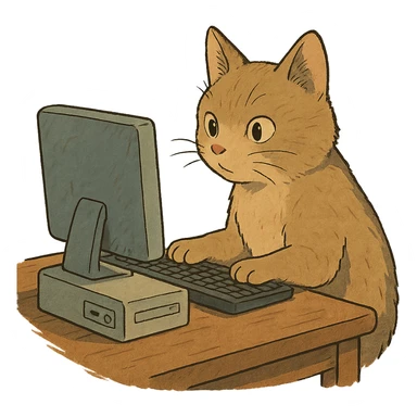 cat at a computer in ghibli style sticker
