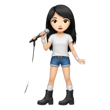 Crie uma cantora morena charmosa de shortes top e bota com microfone branca e cabelo preto sticker