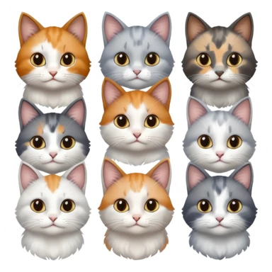 6 realistic looking cats with different natural coloured coats, assorted grey and white, greys, calico, brown and white colours etc
 sticker