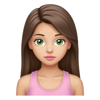 Create a teen girl wearing a light pink tank top. She will have long brunette hair, tan skin, pink lips, and grey-green eyes. She has long eyelashes. sticker