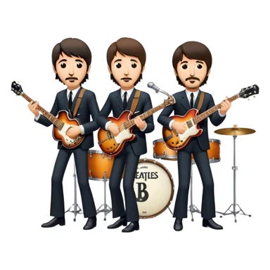 Rock music icon: The Beatles performing live on stage. John Lennon with guitar, Paul McCartney with bass, George Harrison with guitar, Ringo Starr on drums. Bright lights, energetic performance. Transparent background. sticker