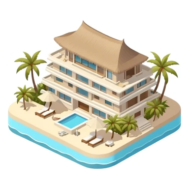 White and beige luxury beachfront resort hotel in bora bora, isometric exterior sticker