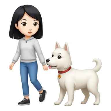 white dog walking with owner (Asian girl with straight black hair) sticker