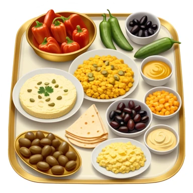 A beautifully arranged Middle Eastern breakfast spread, served in elegant golden plates., cucumbers, and bell peppers, along with olives, dates, and cheeses. There are also classic breakfast staples like scrambled eggs, cold cuts, honey, jam, and creamy cheeses.  sticker