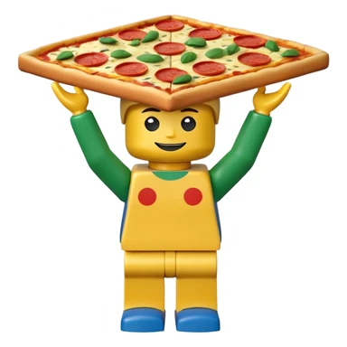 Minifigure: yellow square head  blue square troso rectangular yellow arms and green legs with a pizza on the head sticker