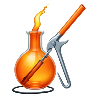Glassworking icon, piece of glass being shaped, glassblower's pipe, molten glass, tools like glass cutters and pliers, glowing orange glass, minimalistic style, clean lines, transparent background. sticker