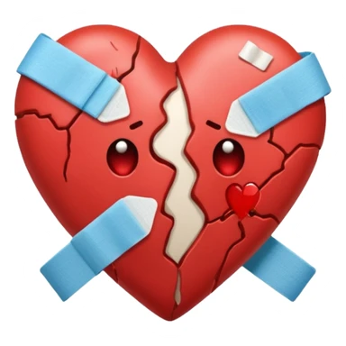 Un corazón roto con grietas  sangrando y expulsando sangre rodeado de vendas y tiritas que se despegan sin hacer efecto sticker