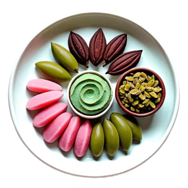 Una composición de arte en miniatura, estilo flat lay: un trozo de manteca de Karité o cacao cruda con una pequeña ramita de oliva y pétalos de rosa seca alrededor. Colores: tonos tierra, verde oliva y crema. Estilo: orgánico y de estudio fotográfico. Fondo suave. sticker