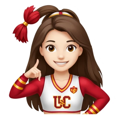 skinny white happy long haired brunette girl in a white USC cheerleader outfit with the letters USC sticker