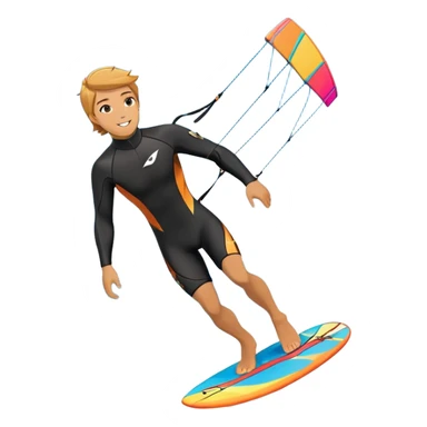 An athlete in a wetsuit riding a kiteboard, soaring over the sea waves with the kite high in the sky. The background features a vibrant blue sky and crashing ocean waves, capturing the thrill and freedom of kitesurfing in dynamic motion. sticker