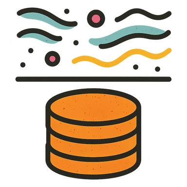 abstract minimalist icon of stacked disks partially submerged below a horizontal line representing underground, with flowing abstract data streams of lines, dots, or waves, worn and distressed effect sticker