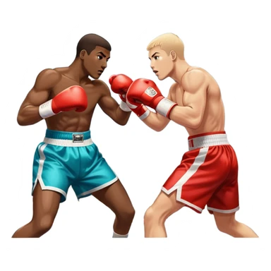 Two professional boxers in the ring, fighting for the world champion title. One delivers a long punch to the head, while the other skillfully dodges. The background features a crowded arena with bright lights and intense action. Transparent background sticker