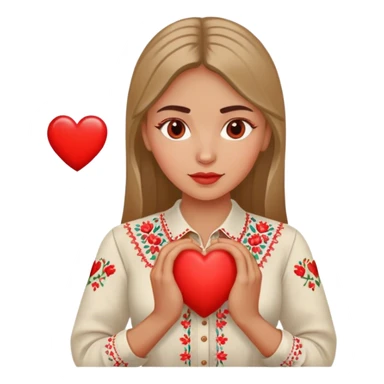 A Ukrainian woman in an embroidered shirt holds a heart in her hands sticker