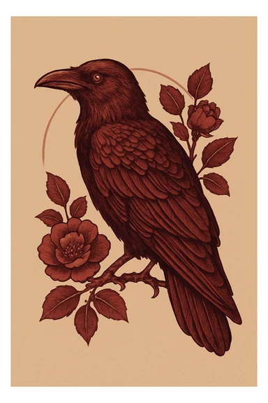 погенерируй ворона полубоком внешне как на референсах, четкие контуры тени и блики в винном бордовом цвете sticker