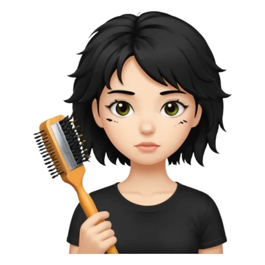 a pretty bratz fair girl with messy shaggy black hair with mascara smudged wearing a tight black tee with a hair brush stuck in hair sticker