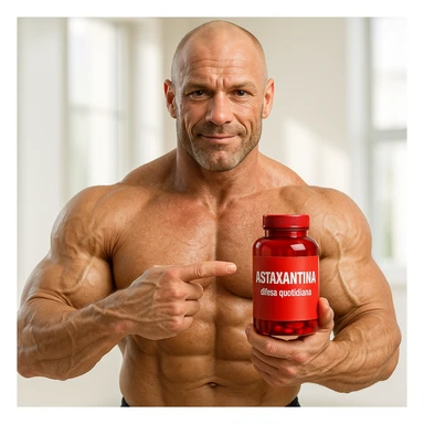 hyper realistic bodybuilder pointing at red bottle of astaxanthin, sculpted muscles, clearly visible label, text 'Astaxantina: difesa quotidiana', bright environment sticker