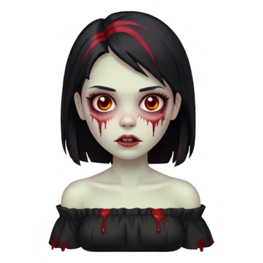 Garota zumbi com cabelo liso e mechas vermelhas na lateral da cabeça dos dois lados, usando uma blusa com manga caida preta sticker