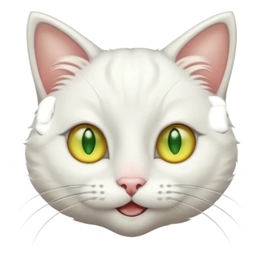 Realizar emoticonon de gato blanco con tonos gris claro solo carita sonriendo muy feliz ojos grandes de color verde con amarillos sus hijos  y bigotes largos  sticker