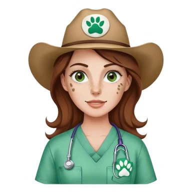 Pale Woman with brown hair and green eyes and freckles on her cheek bones wearing scrubs that have a paw print logo on only the scrubs  and a cow girl hat sticker