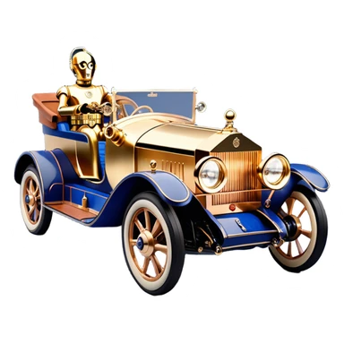  Uncle Scroogetarnished dark blue led lights C-3PO ghost buster’s 1927 delicately inlaid rose gold wood barrel accents Model-T x Rolls Royce efficiently powered by futuristic electric motors and dynamos with wide racing wheels that are strong agile advanced suspension and steering sticker
