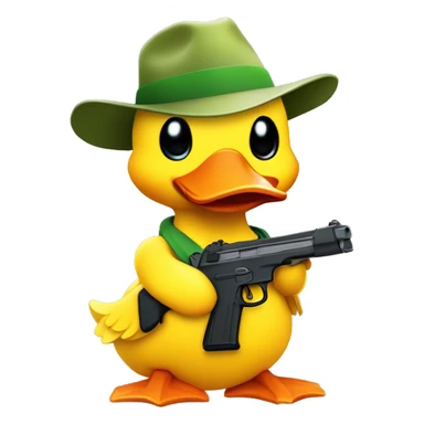 Create a cute yellow duck wearing a hat with the Polyhedra Network logo. The duck is holding a playful toy gun, with a cheerful expression. The style should be colorful and adorable, emphasizing a friendly and fun vibe.  sticker