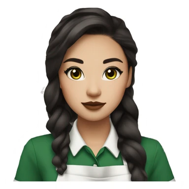 Beautiful and fashionable half white half asian starbucks barista with green apron, long dark brown hair and cat eye makeup and light glossy lips and blush sticker