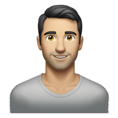 A head and shoulders shot of a 30 year old caucasian man with black short hair wearing a tshirt. sticker