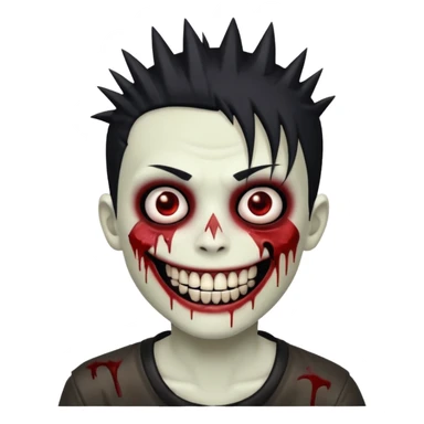 zombie boy with emo spiky hair, white skin, and white eyes; an open smile, and bloodied teeth; sticker