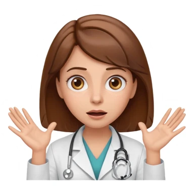 Surprised female doctor emoji with brown hair, both hands on her cheeks, big expressive eyes, clean emoji style sticker