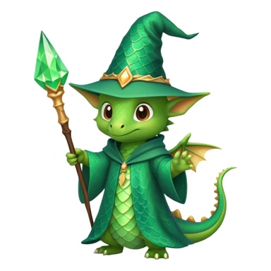A cute dragon wearing a pointed wizard hat and robes, holding a magic wand sticker
