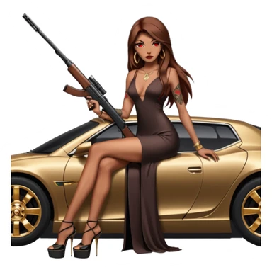 Lilith tan skinfemale red eyes symbol. Tattoo arms. Her hair is brown straight long hair.wearing sexy long elegant dress with slit. black stiletto thick platform high heels shoes on. Sitting on gold giant luxury car with cash inside . She is holding a sniper rifle in one hand cash in other hand sticker