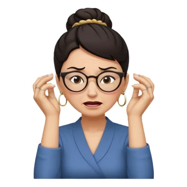  middle aged woman with dark hair pulled up in a high bun, wearing round ring earrings and glasses with a very painful expression on her face, eyes squeeed shut, wincing in pain,covering her ears with her hands, trying to not hear a terribly loud noise sticker