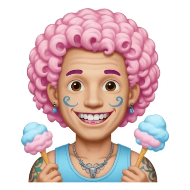 very cheerful colorful puffy curly haired man made out of cotton candy wearing teeth-braces and tattoos and face tattoos just face  sticker