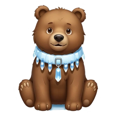 Realistic brown bear on all four legs with a large ice collar around its neck, shaped like a dog collar, with icicles hanging down from it, minimalist emoji style sticker