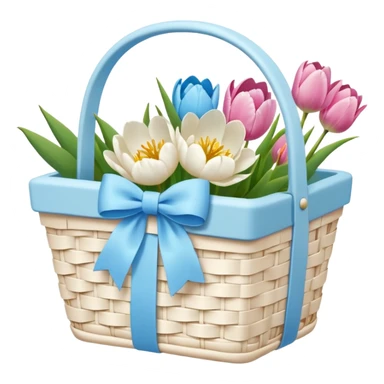 A white Picnic basket with pastel blue bow, white peonie, tulips sticker